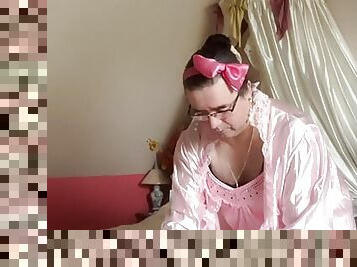 In pink nightie and undress