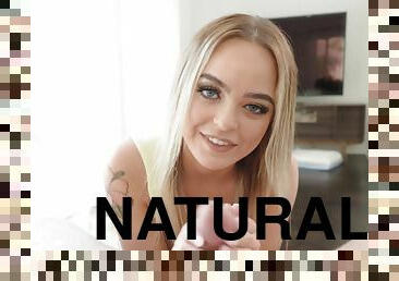 Alexis Kay takes cum on her big natural tits after servicing hard dick