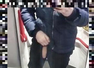 Brit twink flashes dick in train toilet
