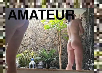 baignade, amateur, babes, énorme-bite, couple, coquine, douche, sucer