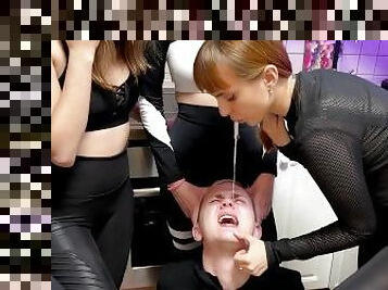 Many Rude Girls Spit In Slave's Mouth And Verbally Humiliate Him - Mouth Spitting Femdom