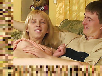 Petite blonde Nadia riding on her boyfriend's wood