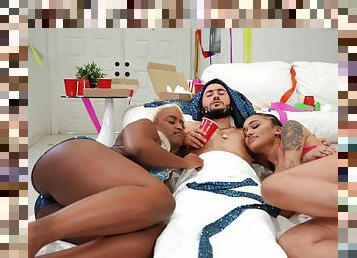 Naked ebony shares dick with hot Latina in crazy home trio