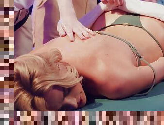 Ts babes Gene Hollywood and Shiri Allwood give Kenzie Ann a hot massage
