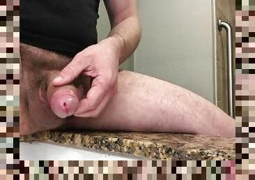 Foreskin opening, long masturbation and juicy ejaculation at the end on the hotel sink
