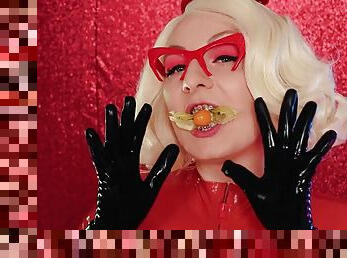 Mukbang ASMR Eat Chew FOOD FETISH! Latex blonde with braces Arya Grander close up mouth video