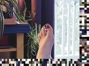 Pyjamas and Pretty Feet with Glossy Red Toes