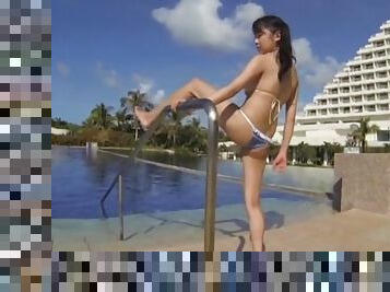 Vacation pool play with a Japanese teen bikini girl