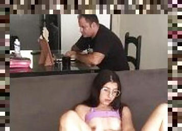 Stepdaughter masturbates while her stepfather works
