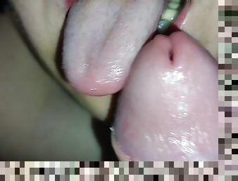 CLOSE UP: red lipstick blowjob