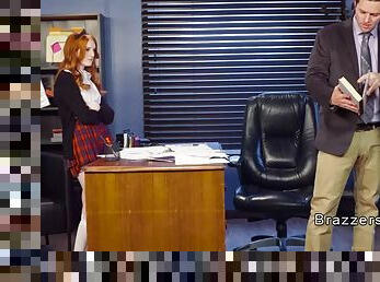 Redhead teen rides professors big cock in office