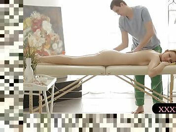 Hot blonde babe karina grand analyzed on massage table