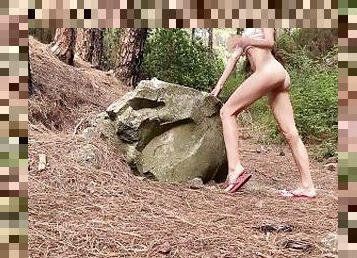 Skinny girl got lost in forest and decided to masturbate