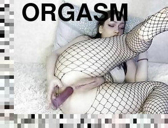 masturbation, orgasme, amateur, anal, jouet, bas, résille, mignonne, belle, gode