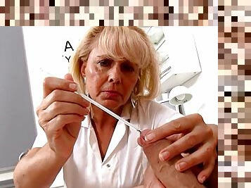 Mature blonde nurse measures patients and erect penis soft