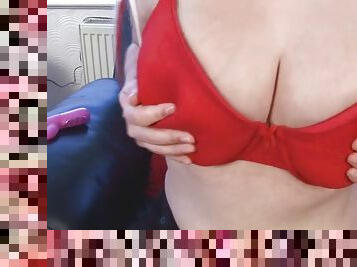 Horny British blonde with huge tits strips and masturbates