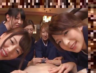 Clothed Japanese college girls share cock in sensual POV scenes
