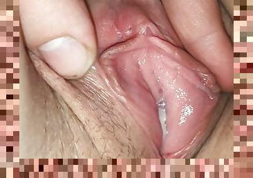 Friend spreads and examines my pussy filled with cum. Wet pussy sounds and close up fingering