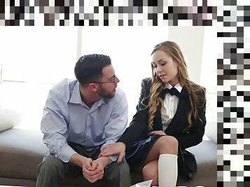 Clothed teen schoolgirl faced with handling teacher's dick for better grades