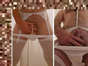 Dual view pissing in the toilet while wearing white lingerie