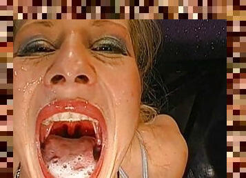 Sweetie is swallowing loads of white cum
