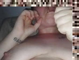 saggy tits smoker eating a big cock