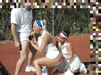 Loud dick sharing treat in outdoor tennis lesson scenes for two premium ladies