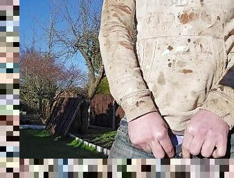 Pissing outdoor wearing dirty clothes