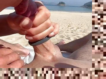 public, branlette, plage, ejaculation, sperme, bite