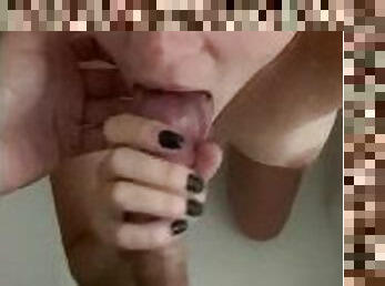 Amateur MILF Hot blonde gives sloppy POV blowjob in shower