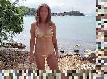 im-freien, öffentliche, ehefrau, dilettant, strand, höschen, fetisch, allein, bikini, exhibitionist