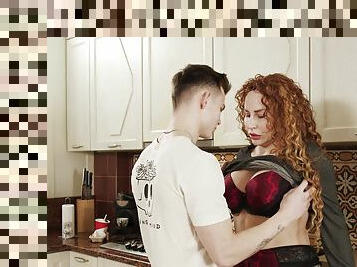 Curly mature redhead strips for her step son and fucks like a slut