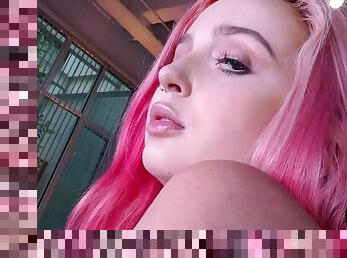 Handjob POV: 21 year old girl with pink hair jerks off and talks dirty