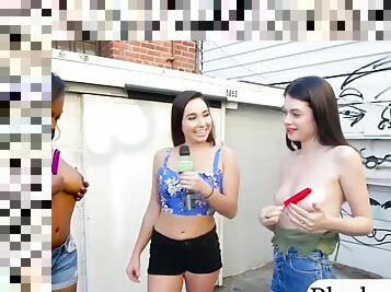 Sexy Babes Get Payed For Flashing Their Boobs Outdoors