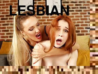 Lesbian Anal Strap-on Make Squirt - Redhead and Blonde Sharing Strapon and Pussy licking