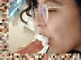 Femboy Licks Whip Cream Off Dildo