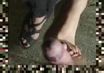 Closeup Footjob Under Porchlight on a Hot Night with CUM and Sexy Sandals
