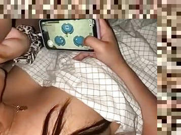 Asian hottie Sucking my Dick while playing mobile games