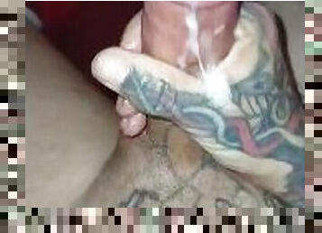 Finishing extremely hard tattooed cock cumming