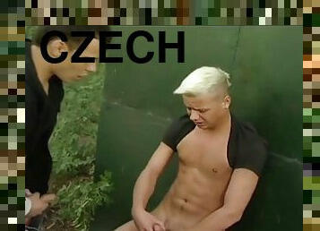 Yellow rivers for a blonde Czech twink in the forest