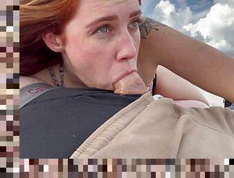 Slutty Redhead Gives Me A Risky Public Blowjob On The Beach Throatpie