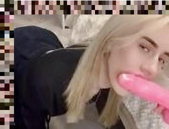 skinny blonde teen girl gives dildo a blowjob