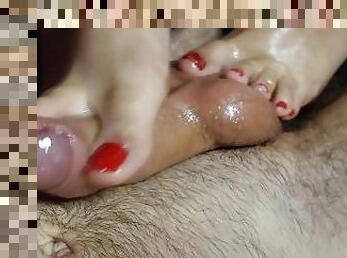 I squish his hard dick with my soles and give him a sexy footjob till he climaxes!! (Part II)
