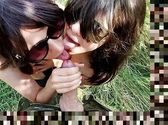 Outdoor blowjob - Wife shared Husband with stepsister, cumshot on tongue, cum kissing - ffm 3some