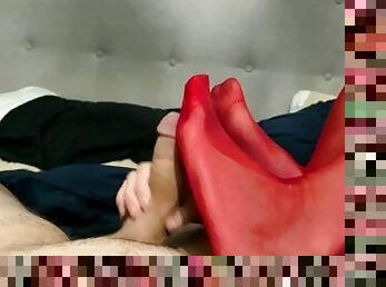 Red Stockings Delight - Footjob