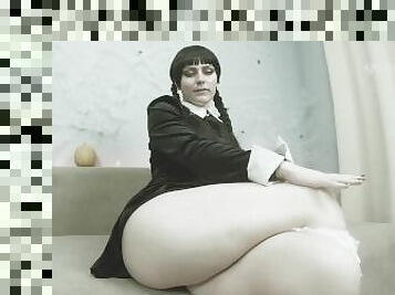 Wednesday Addams teases you with her sexy thighs, huge fat ass and black panties on Halloween