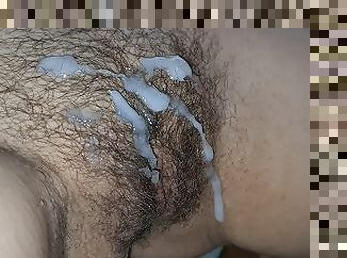 Hard fuck, cum on hairy pussy