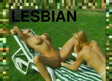 Lesbian teens playing with toys & pussies outdoors