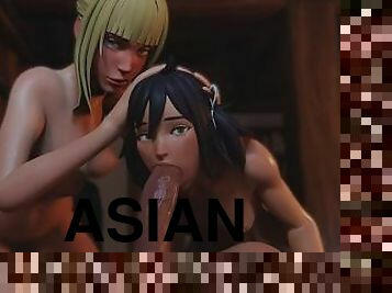 asiatique, fellation, énorme-bite, 3d, bite