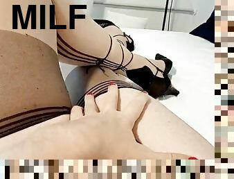 Milf trans lady caresses her legs in pantyhose and thong